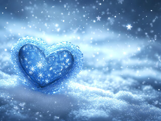 A Beautiful Winter Scene with Light Blue Snowflakes, Love Hearts, and Shining Stars, heart of snow