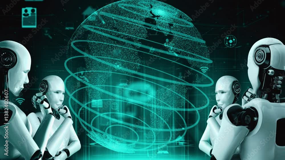 Poster internet connection controlled by ai robot huminoid and machine learning process to analyze data con