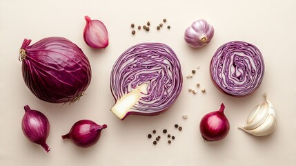 Fototapeta premium 79.Concept 4: Creative layout made of red cabbage, red onion, and garlic on the beige background. Food concept. Macro concept