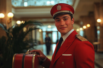 A smiling hotel bellboy assisting guests with their luggage in hospitality industry, tourism concept. Ai generated.