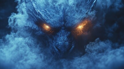 Dragon's menacing gaze through swirling mist
