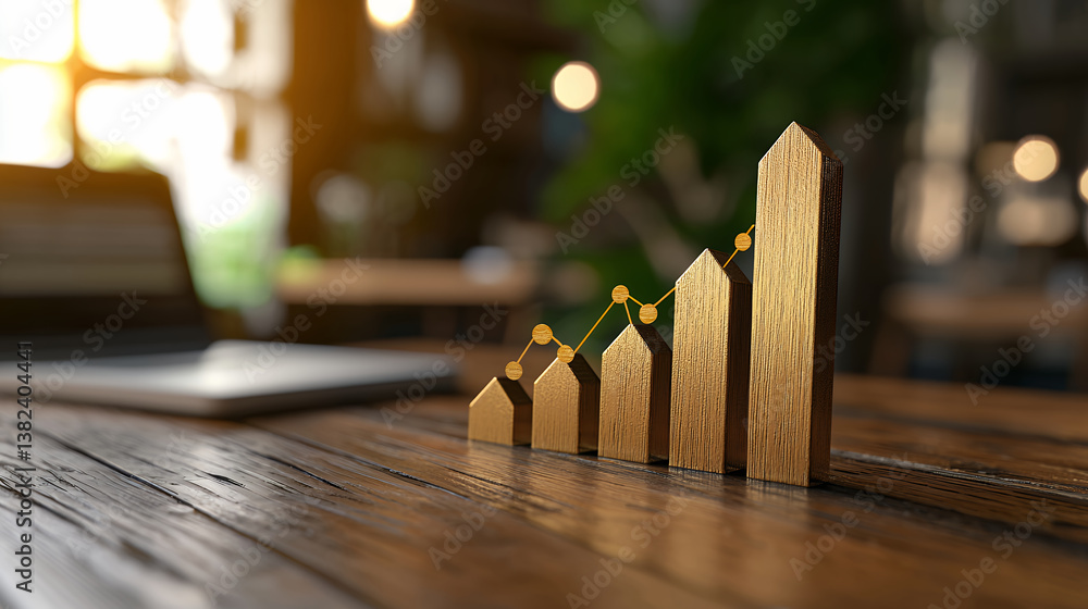 Poster wooden bar graph representing growth on rustic table, symbolizing success and progress in business. 
