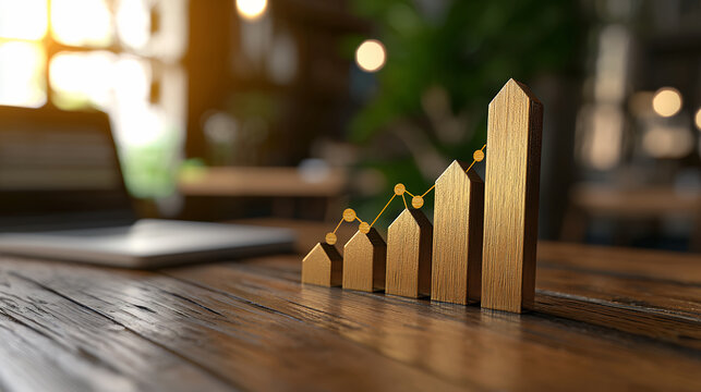 wooden bar graph representing growth on rustic table, symbolizing success and progress in business. warm lighting adds positive atmosphere