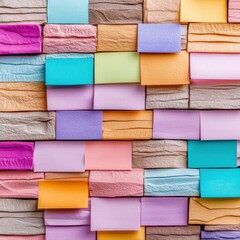 Fototapeta premium A vibrant collage of colorful sticky notes on a textured surface, ideal for brainstorming, organization, or creative projects, Perfect for office, education, or home use to enhance productivity,