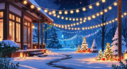 Twinkling lights on outdoor Christmas decorations with snow covered ground anime cartoon style illustration artwork design background