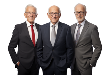 Three older men in suits standing together against a white background looking at the camera smiling on transparent background png