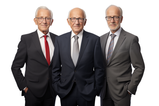Three older men in suits standing together against a white background looking at the camera smiling on transparent background png