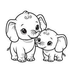 Fototapeta premium Line art of 2 baby elephants , sibling elephants cartoon vector