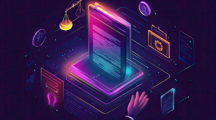 Digital compliance and data security concept with a holographic document surrounded by legal and regulatory icons, protected by hands in a dark background.