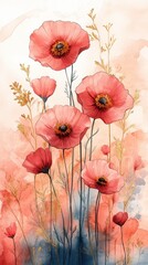 Many red flowers that are in a painting