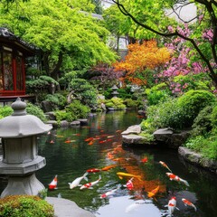 Naklejka premium Tranquil Japanese Garden with Koi Pond and Vibrant Seasonal Foliage