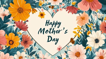 Flowers and leaves surround in a heart shape. Write "Happy Mother's Day" in the heart shape.