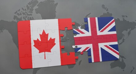 Canada and United Kingdom flag jigsaw puzzle symbolizing connection between nations