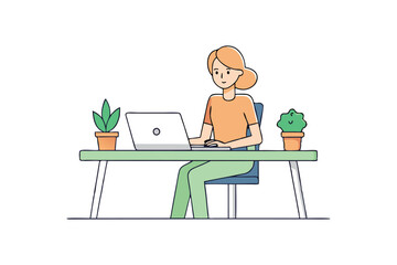 A cartoon art illustration of a young woman typing on a laptop at a glass table.eps