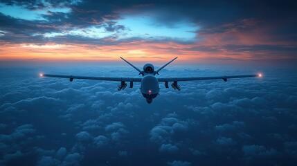 Drone aircraft in flight at sunset