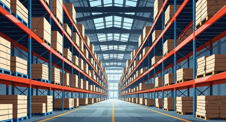 Fototapeta premium Warehouse with large pallets stored on metal racks anime cartoon style illustration artwork design background