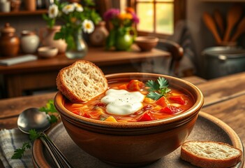 Warm, inviting, Minestrone Soup, garnished with parsley, crusty bread, and ricotta cheese