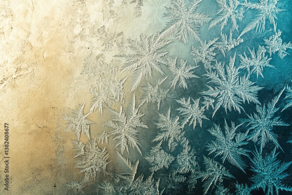 Poster intricate frost patterns on a windowpane, showcasing a beautiful winter scene with a gradient of col