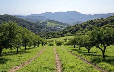 Fototapeta premium Sunlit Orchard Slopes Towards Distant Mountains