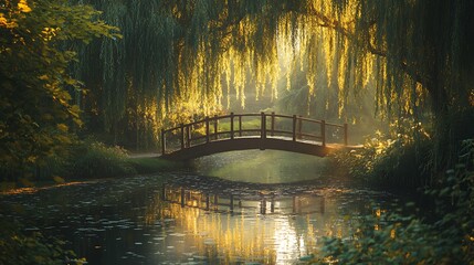 A wooden bridge across a pond beneath weeping willow trees