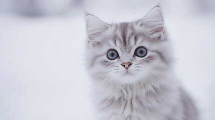 A fluffy white cat with blue eyes is staring at the camera
