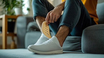 Man is sitting on the sofa, inserting an orthopedic insole into his shoe. Concept of orthopedic care, emphasizing foot health and medical assistance. Perfect for orthopedics related themes