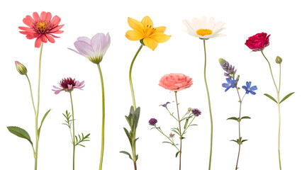 A collection of small flowers isolated against a flat background