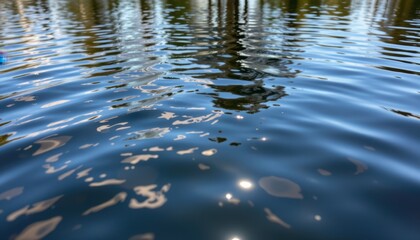 Rippling Water Surface A tranquil pond with gentle ripples, capturing reflections of the sky and trees above, enhanced with shimmering effects.
