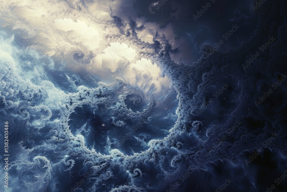 Poster fractal patterns unfold within cosmic fog, showcasing intricate designs and swirling shapes that evo