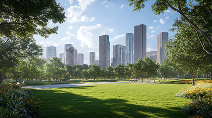 Green park in the city with skyscrapers in the background under the blue sky