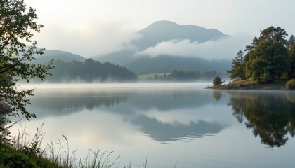 Mist over the Lake Early morning mist rising above a calm lake, with dew surrounding the edges of the water.