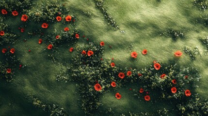 Fototapeta premium A green expanse dotted with bright red poppies and soft grass