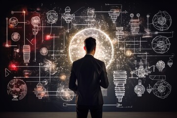 Businessman in formal attire sketches innovative ideas on a transparent board, brainstorming concepts in a modern office environment during the afternoon