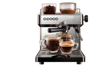 A close up of a silver espresso machine pouring coffee into clear glass cups on a  on transparent background png