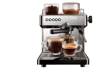 A close up of a silver espresso machine pouring coffee into clear glass cups on a  on transparent background png