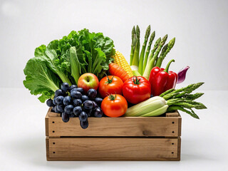 Colorful Variety of Fresh Fruits and Vegetables in a Wooden Crate, Isolated White Background Stock Photo Download