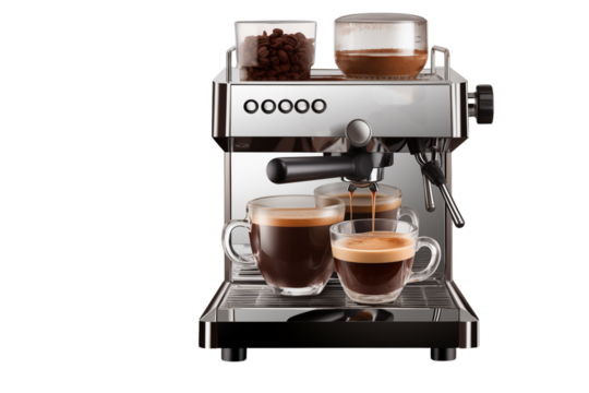 A close up of a silver espresso machine pouring coffee into clear glass cups on a  on transparent background png