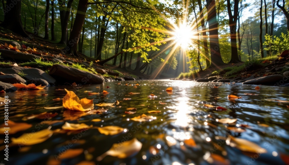 Poster sunlight on water sunlight streaming through the trees, creating sparkles on a clear stream with flo