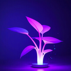 Gentle soft light illuminates a futuristic bioengineered plant sleek metallic stem, glowing bioluminescent leaves in soft blue, purple, and neon pink. 