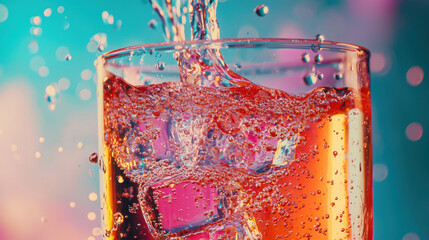 refreshing glass of fizzy soft drink with ice cubes and bubbles against colorful background
