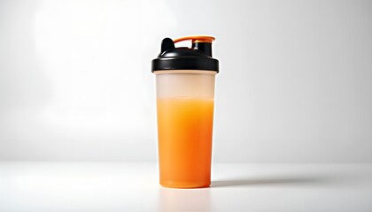 Orange protein shake in plastic shaker bottle with copy space