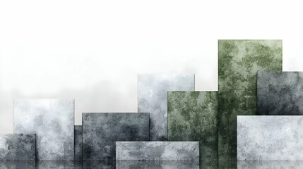 Abstract Cityscape with Green and Gray Watercolor Squares