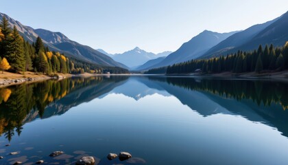 Fototapeta premium Nature's Reflection A serene lake perfectly reflecting surrounding trees and mountains, interspersed with small ripples.