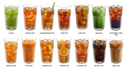 Set of Iced Tea Drinks Variations in Glasses. Ocha, Peach tea, lemongrass tea, lime tea, matcha, butterfly pea tea, mango tea, thai tea, ginger tea, lemon tea, lychee tea, black tea, milk tea.