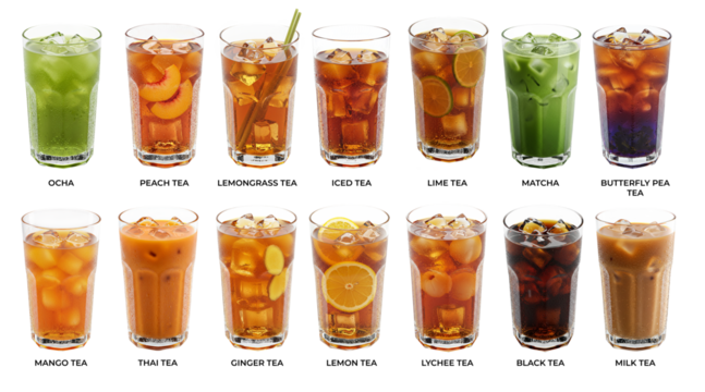 Set of Iced Tea Drinks Variations in Glasses. Ocha, Peach tea, lemongrass tea, lime tea, matcha, butterfly pea tea, mango tea, thai tea, ginger tea, lemon tea, lychee tea, black tea, milk tea.
