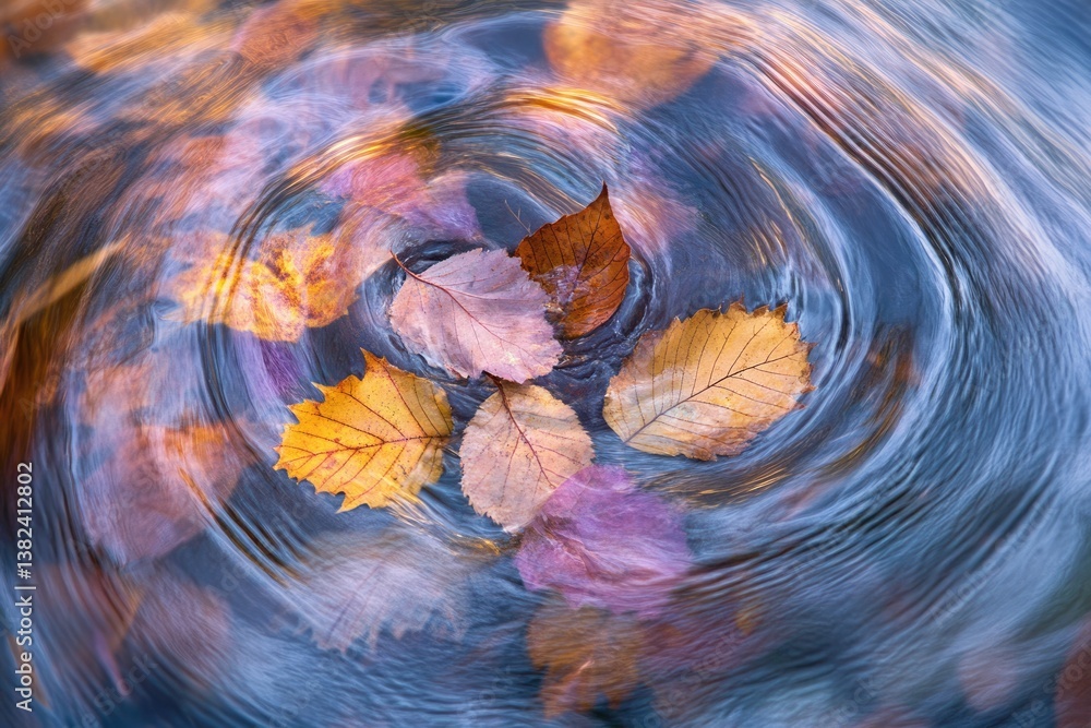 Poster autumn leaves swirling in a stream, creating a mesmerizing pattern of color and motion.
