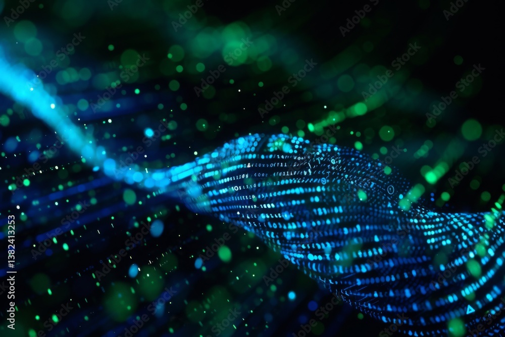 Poster modern technology wallpaper featuring flowing patterns of blue and green light against a dark backdr
