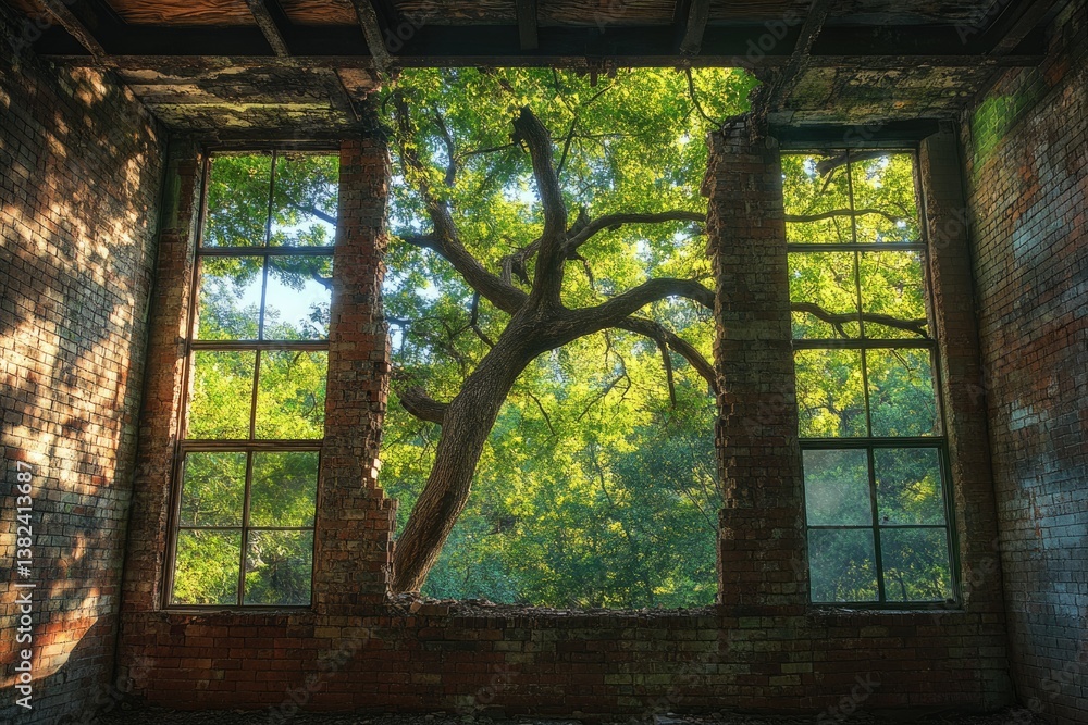 Poster a large tree grows through the broken windows of an abandoned brick building, sunlight streaming thr