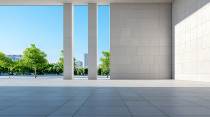 Fototapeta premium modern architectural space featuring large, open areas with tall columns and bright blue sky. scene includes greenery and clean, minimalist design