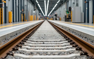 Fototapeta premium Straight Railway Tracks in Modern Train Station